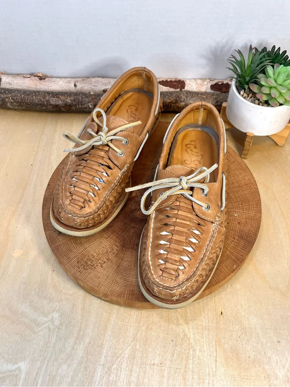 Sperry Gold Cup Tan Woven Leather Boat Shoes Size 9M Minty Clean